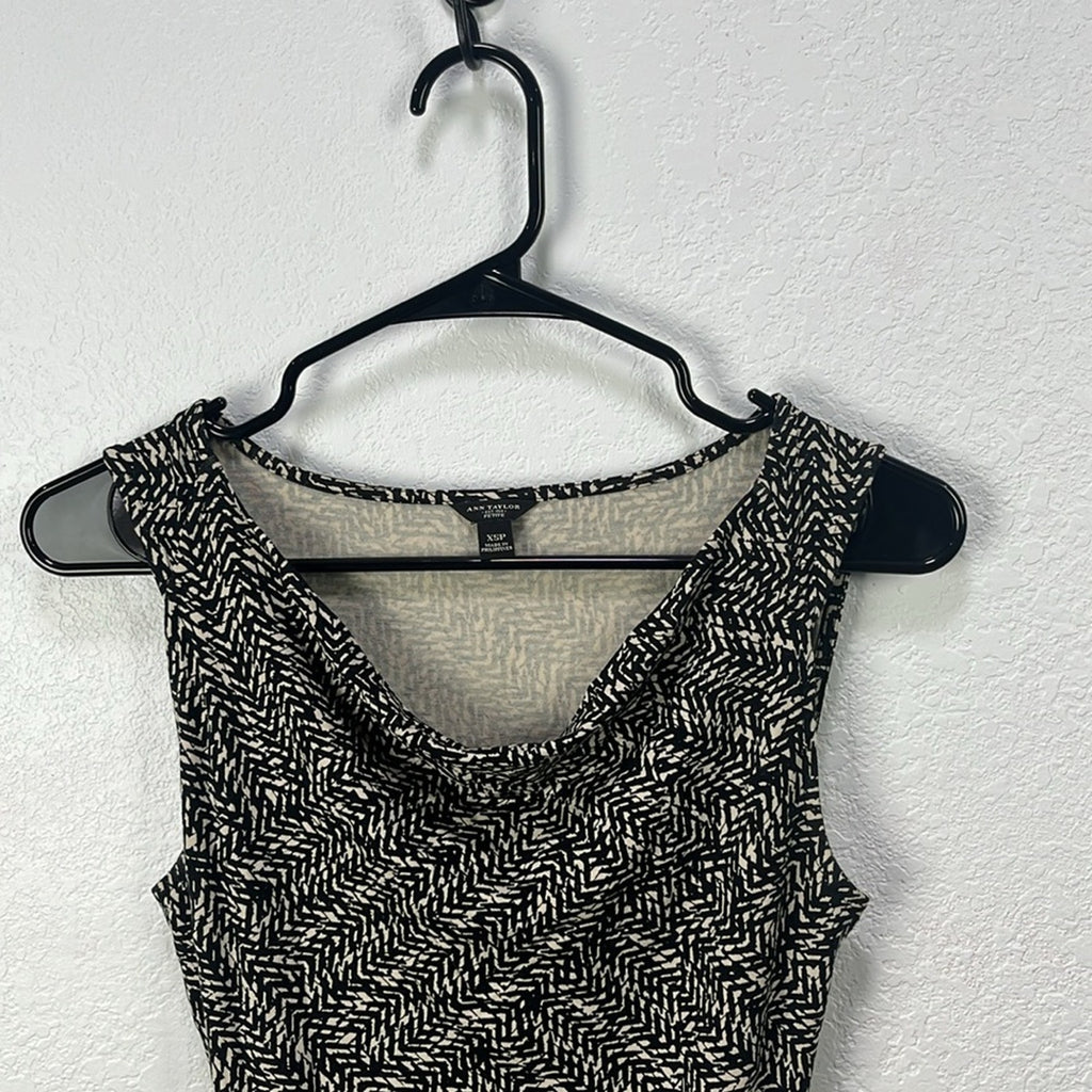Ann.Taylor Women’s Sleeveless Belted Black Tan Graphic Dress Sz XSP Mini Elegant