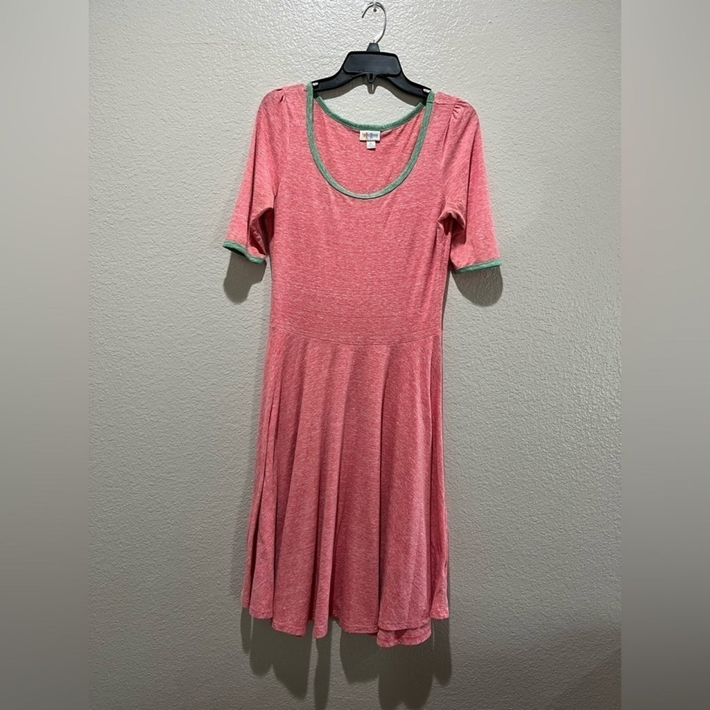 Lula Roe Pink and Green Trim Midi Dress Short Sleeve Size Medium Vaca Summer