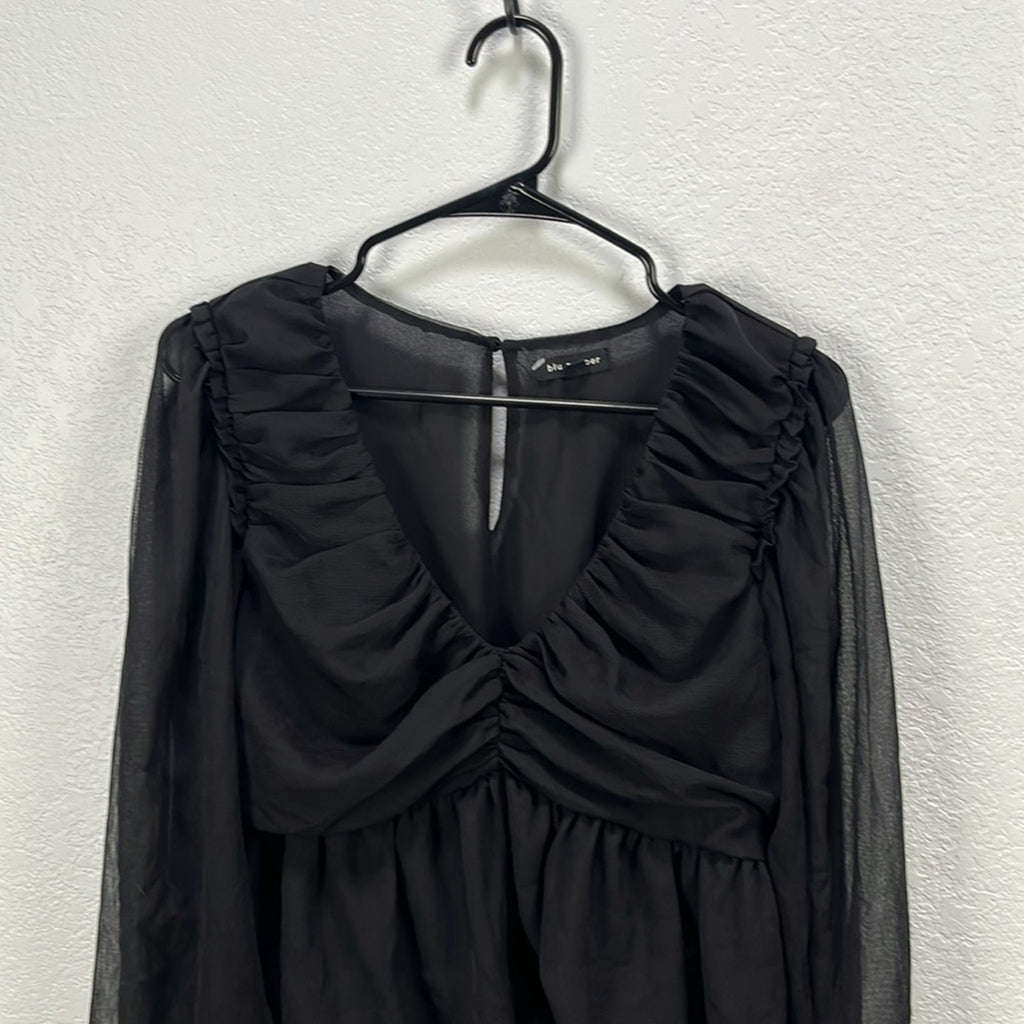 Blu Pepper Womens Black Ruched Ruffled Long Sleeve Blouse Sz L Whimsigoth Witchy