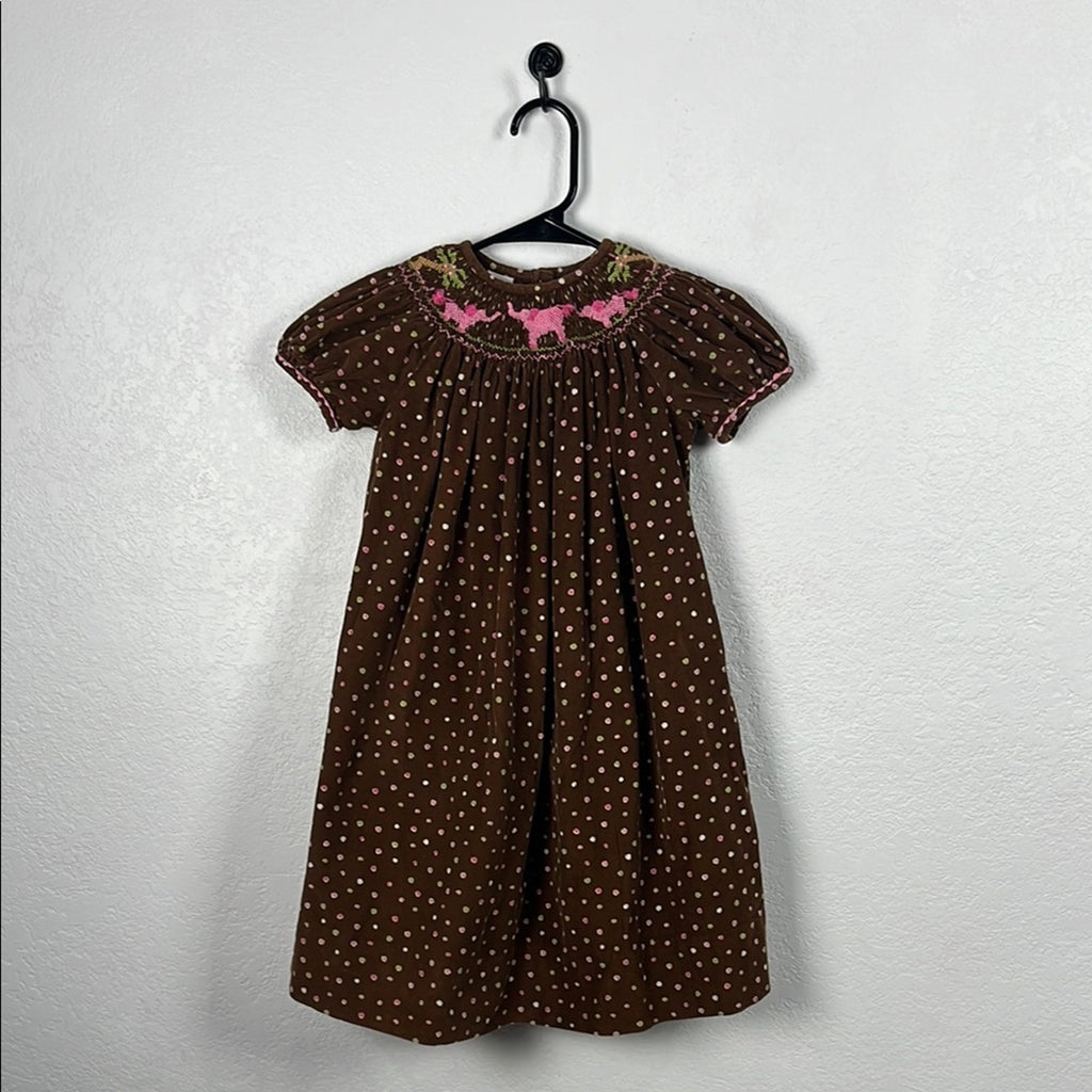 Girl’s Brown Polka Dot Pink Elephants Dress Bishop Smocked Sz 4T Embroidered