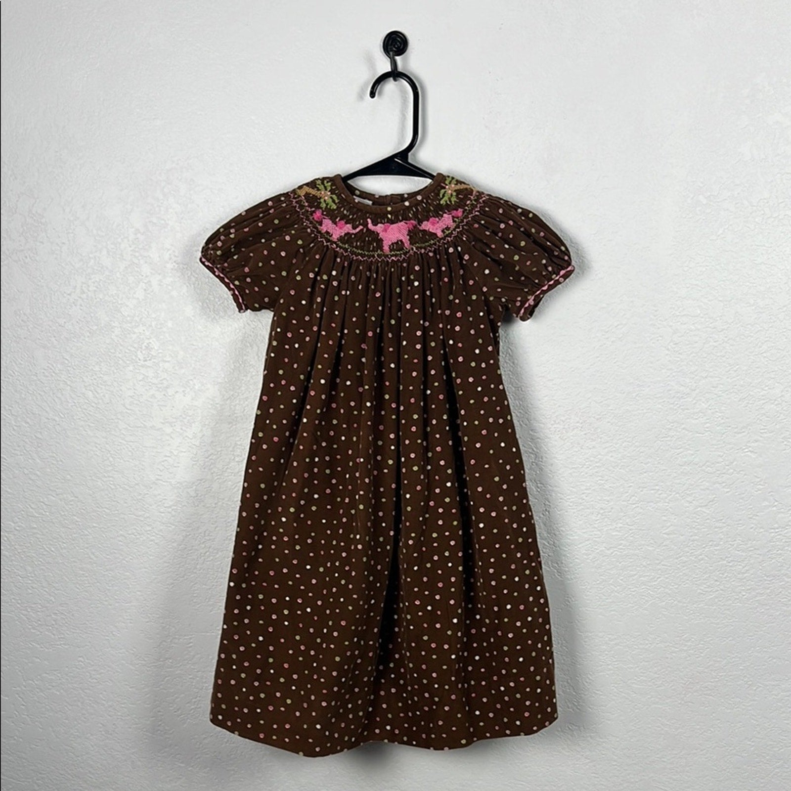 Girl’s Brown Polka Dot Pink Elephants Dress Bishop Smocked Sz 4T Embroidered