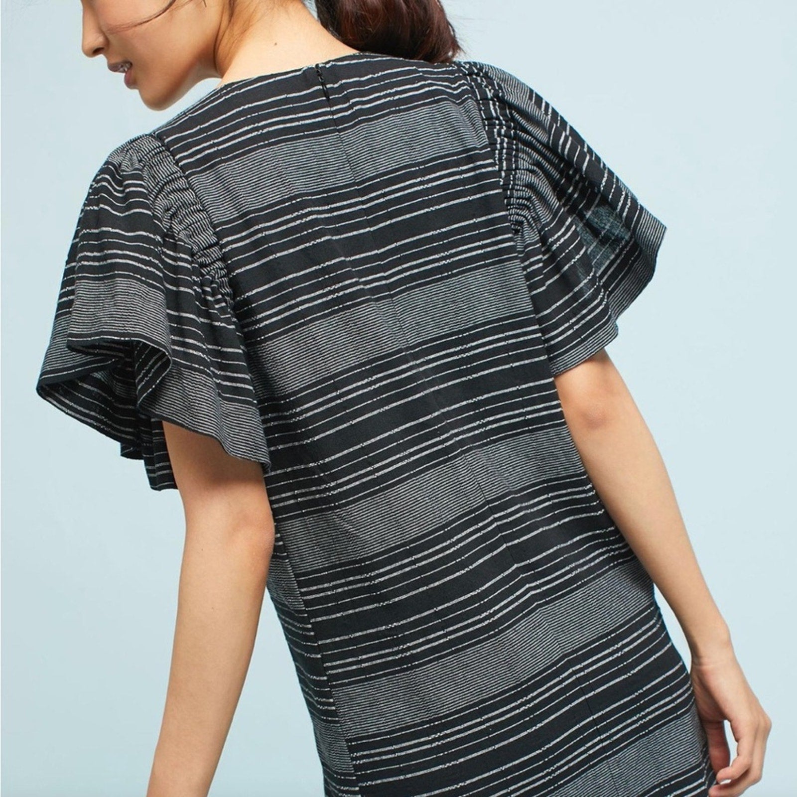 Anthropologie Moon River Denmark Dress Sz M Flutter Sleeves Black/Gray Stripes