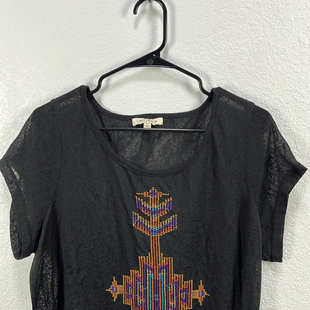 Umgee Women’s Black Embroidered Multi Color Detail  Art Cap Sleeve Tee Sheer 1XL