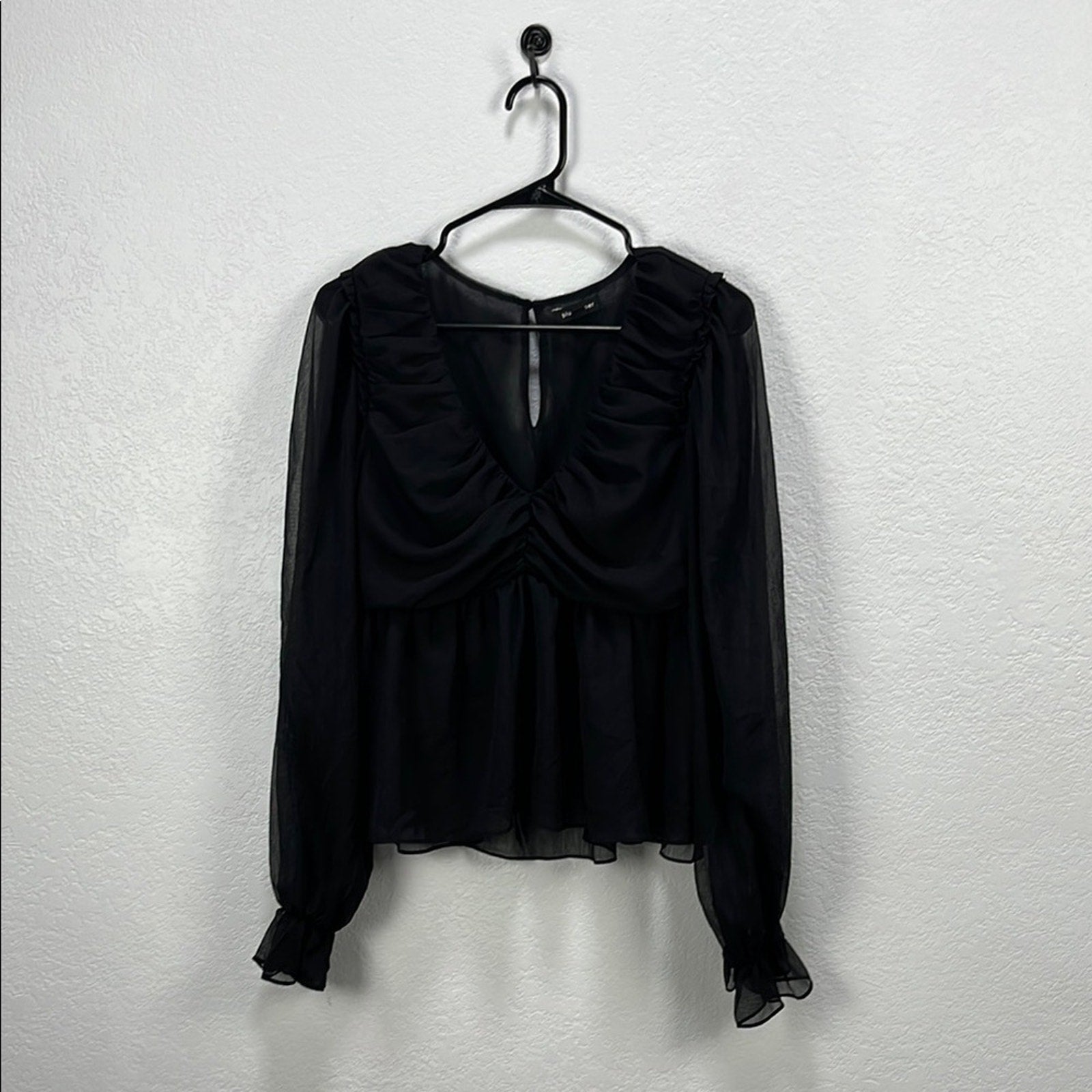 Blu Pepper Womens Black Ruched Ruffled Long Sleeve Blouse Sz L Whimsigoth Witchy