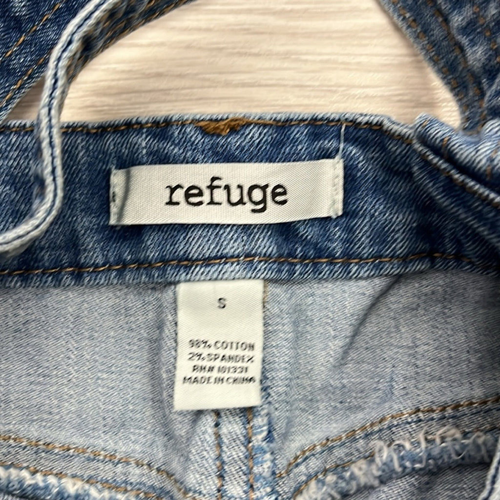 Refuge Blue Denim Overall Mini Skirt Fringe Hem Street Wear Cotton Blend Sz S
