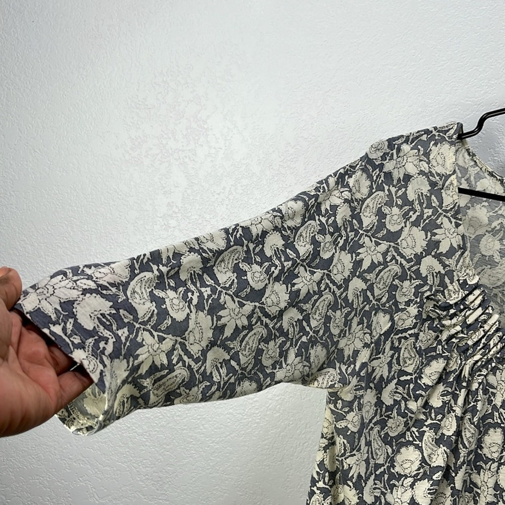 Lucky Brand Boho Grey Print Top Black Tan Split Neck 3/4 Sleeve Size 1X Boho