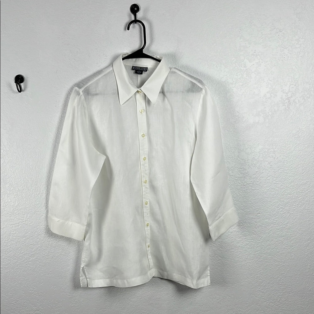 Lands' End Women 100% Linen White Button Down Tunic Shirt Size 14 Effortless