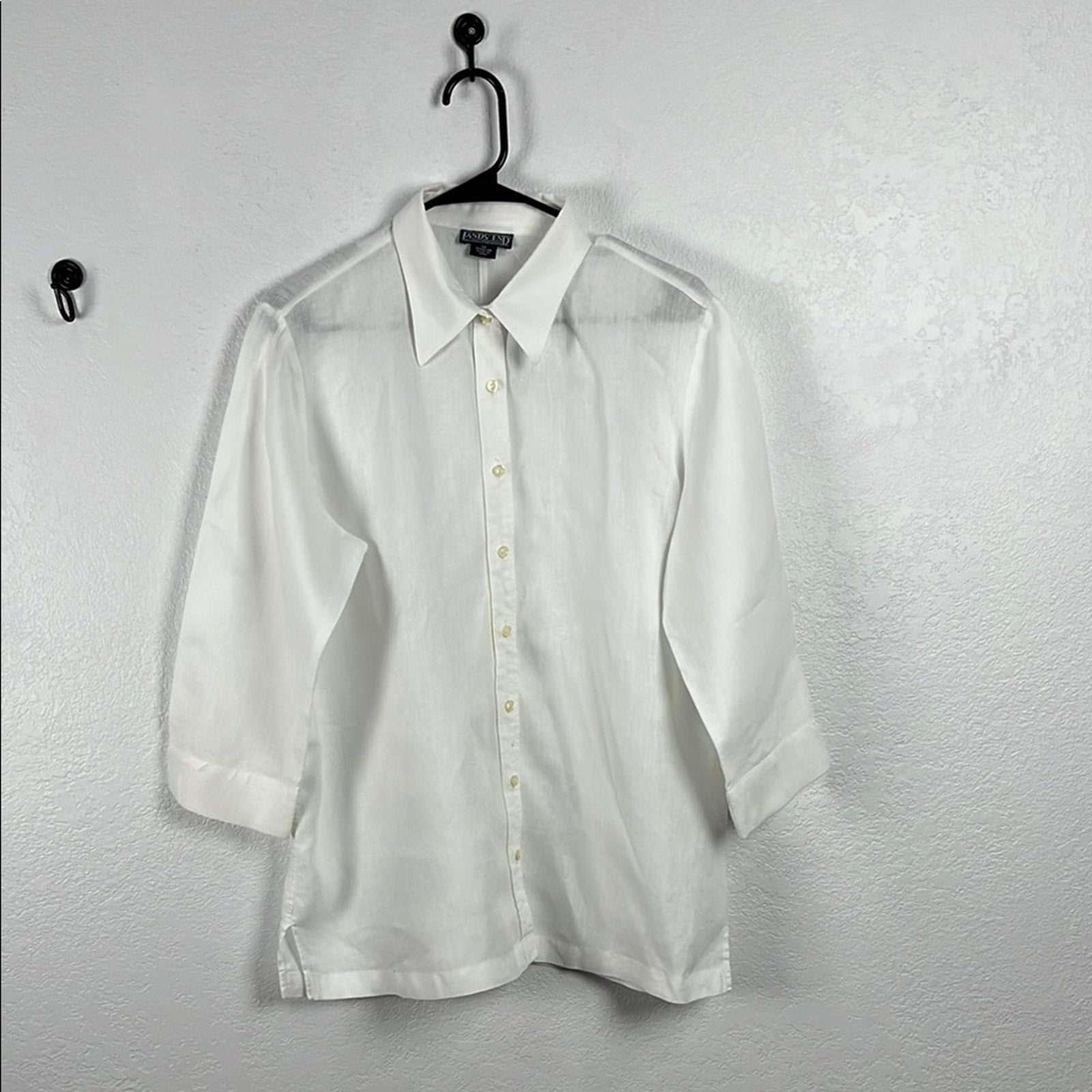 Lands' End Women 100% Linen White Button Down Tunic Shirt Size 14 Effortless