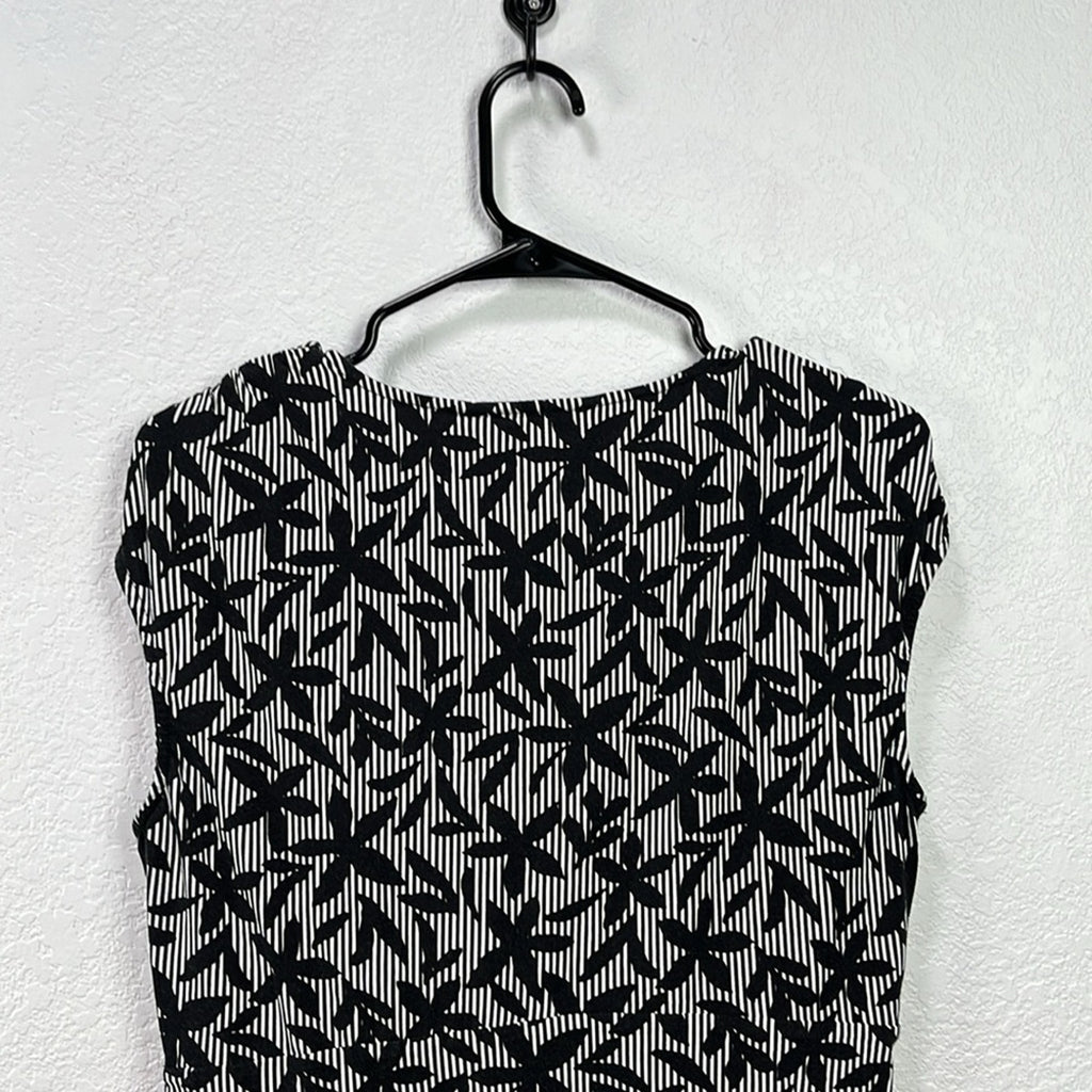 Lands End Dress Sz L(14-16) Black White Striped Floral Sleeveless Front Knot