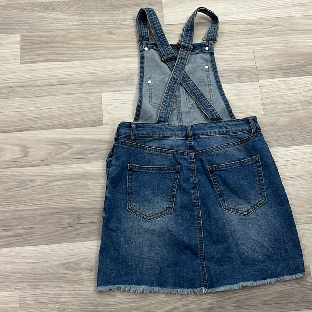 Refuge Blue Denim Overall Mini Skirt Fringe Hem Street Wear Cotton Blend Sz S