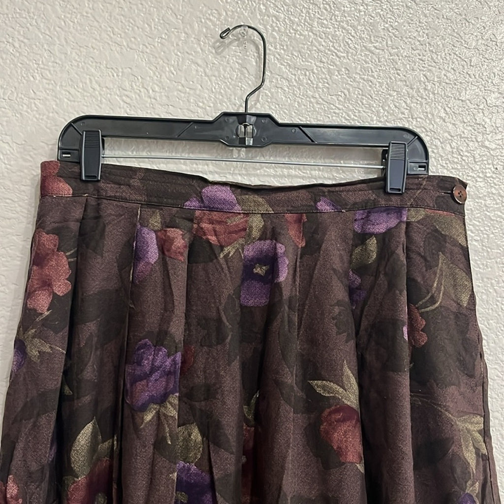 Vintage Worthington Women’s Pleated skirt Floral Print Brown Side Button Sz 16