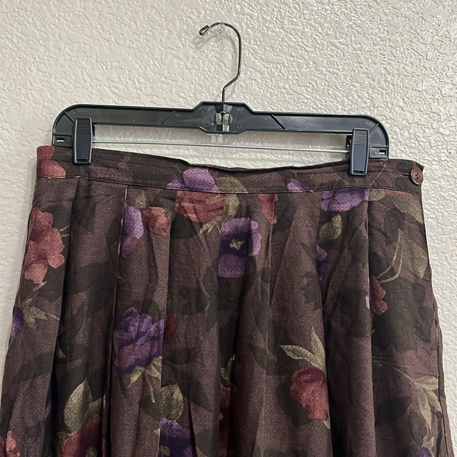Vintage Worthington Women’s Pleated skirt Floral Print Brown Side Button Sz 16