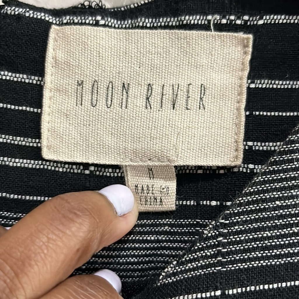 Anthropologie Moon River Denmark Dress Sz M Flutter Sleeves Black/Gray Stripes