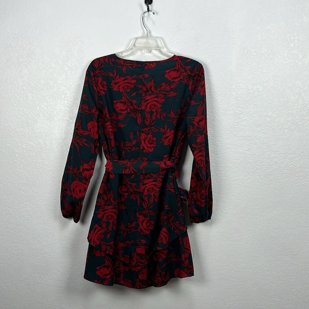 Women’s Black Red Floral  Mini Dress With Belt Long Sleeves Ruffled Sz L Witchy