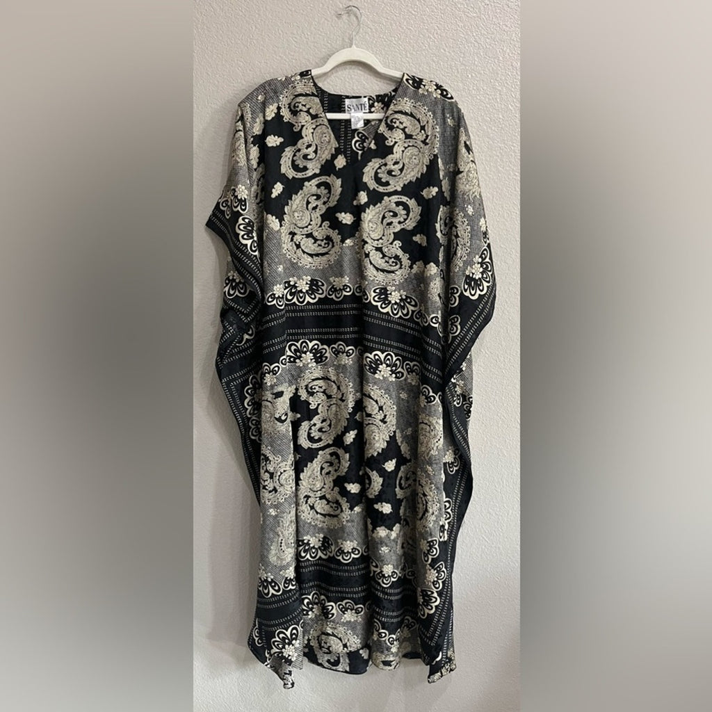 Vintage 80’s Sant’e Black Tan Lace Pattern Kaftan Dress Size OS