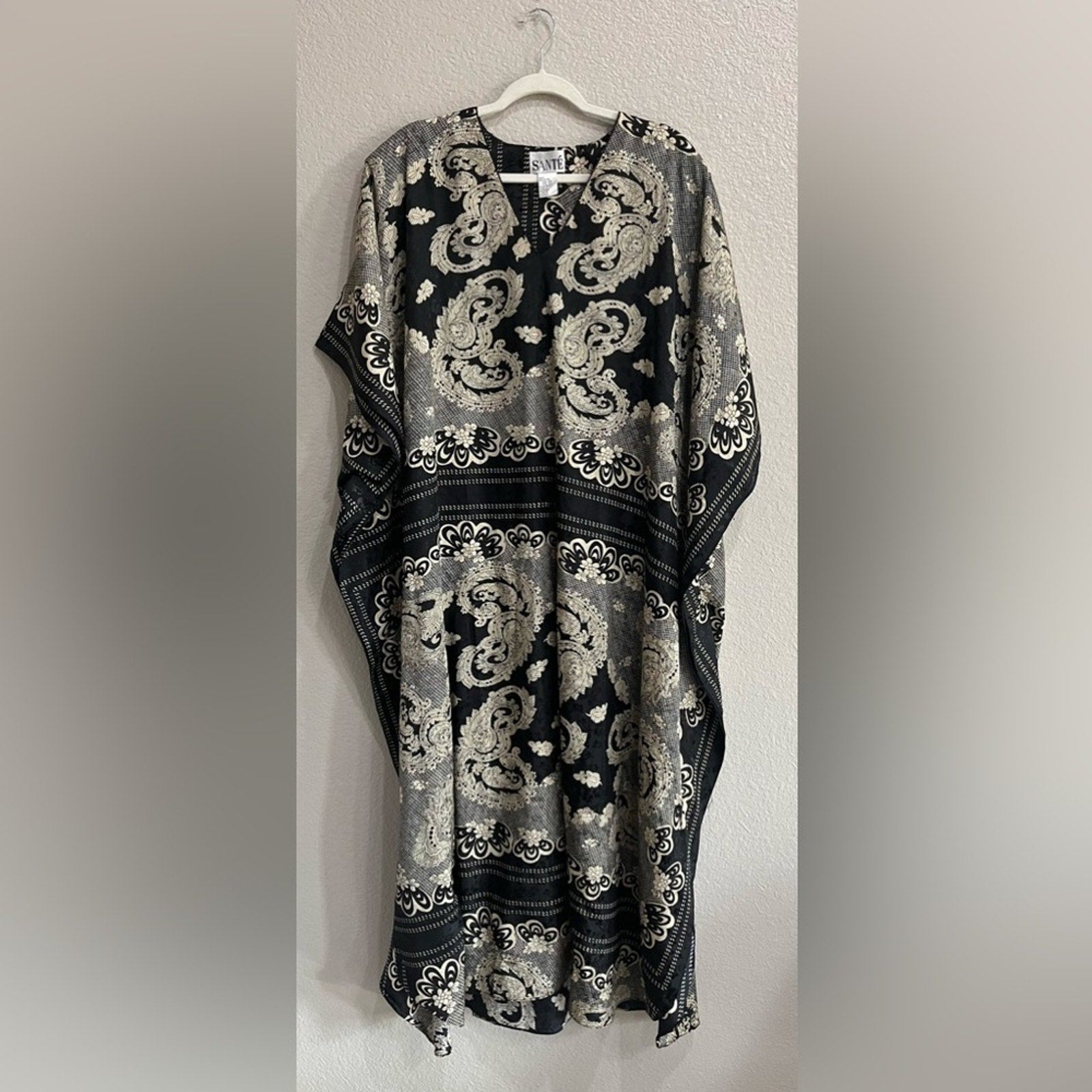 Vintage 80’s Sant’e Black Tan Lace Pattern Kaftan Dress Size OS