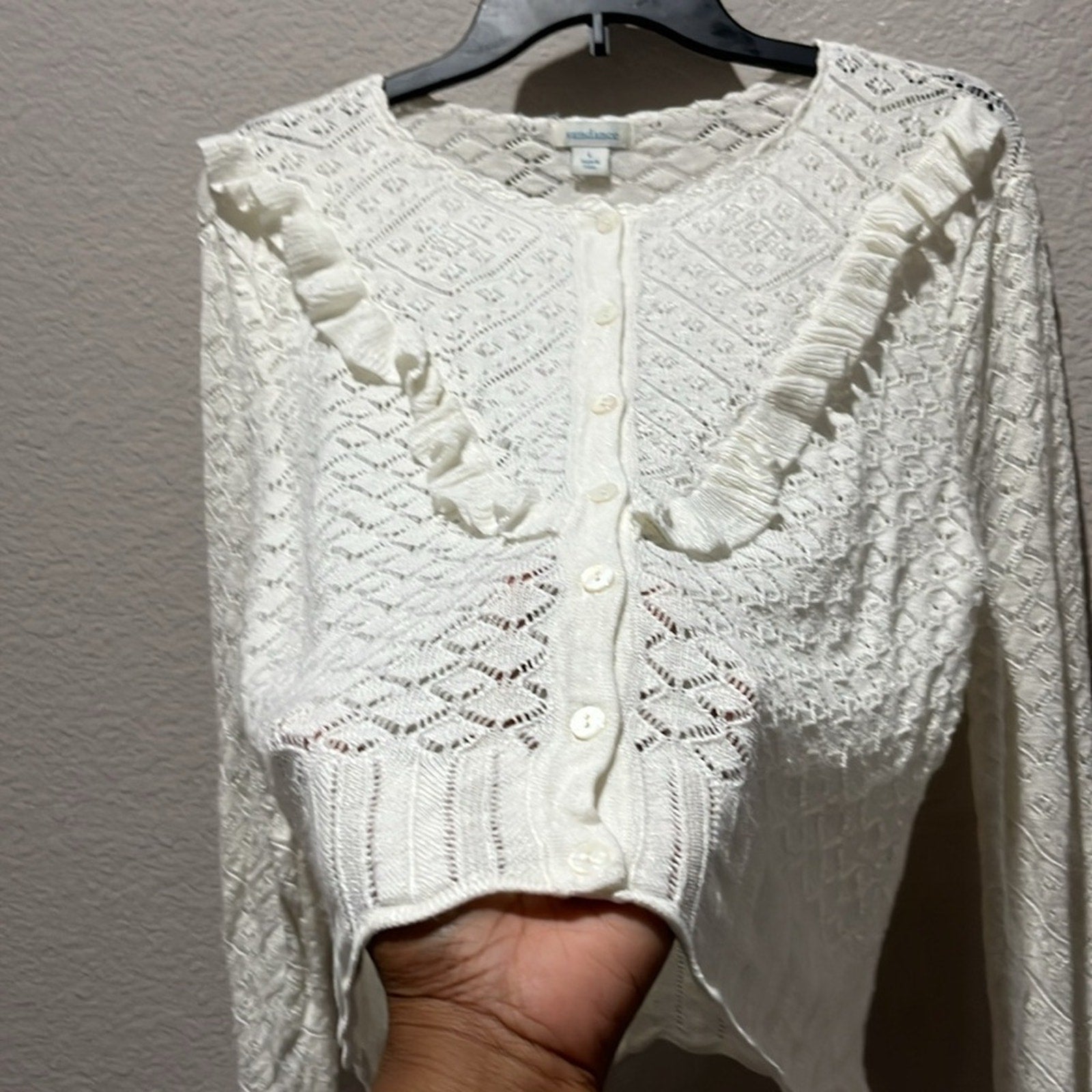 Sundance Crochet Cardigan Sweater Knitted Linen Blend Size L Off White Boho