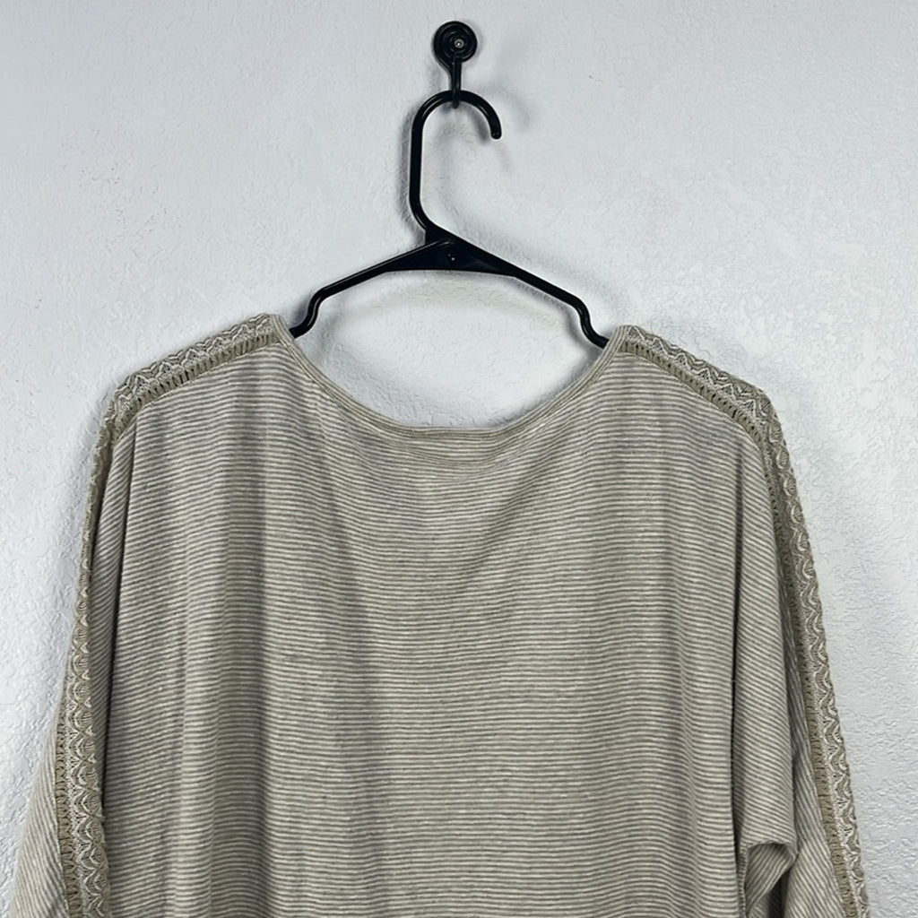 J Jill Linen Blend Top Beige Minimalist Crochet Sleeve Detail Boho Women’s Sz L