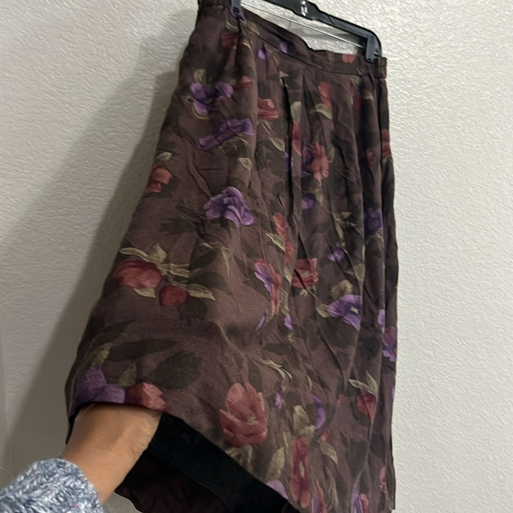 Vintage Worthington Women’s Pleated skirt Floral Print Brown Side Button Sz 16
