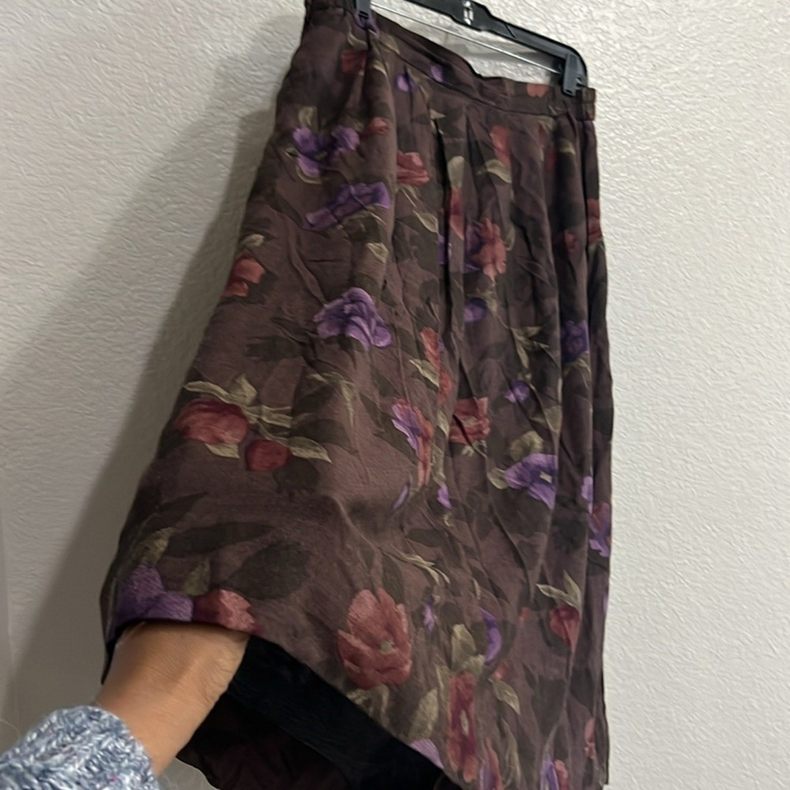 Vintage Worthington Women’s Pleated skirt Floral Print Brown Side Button Sz 16