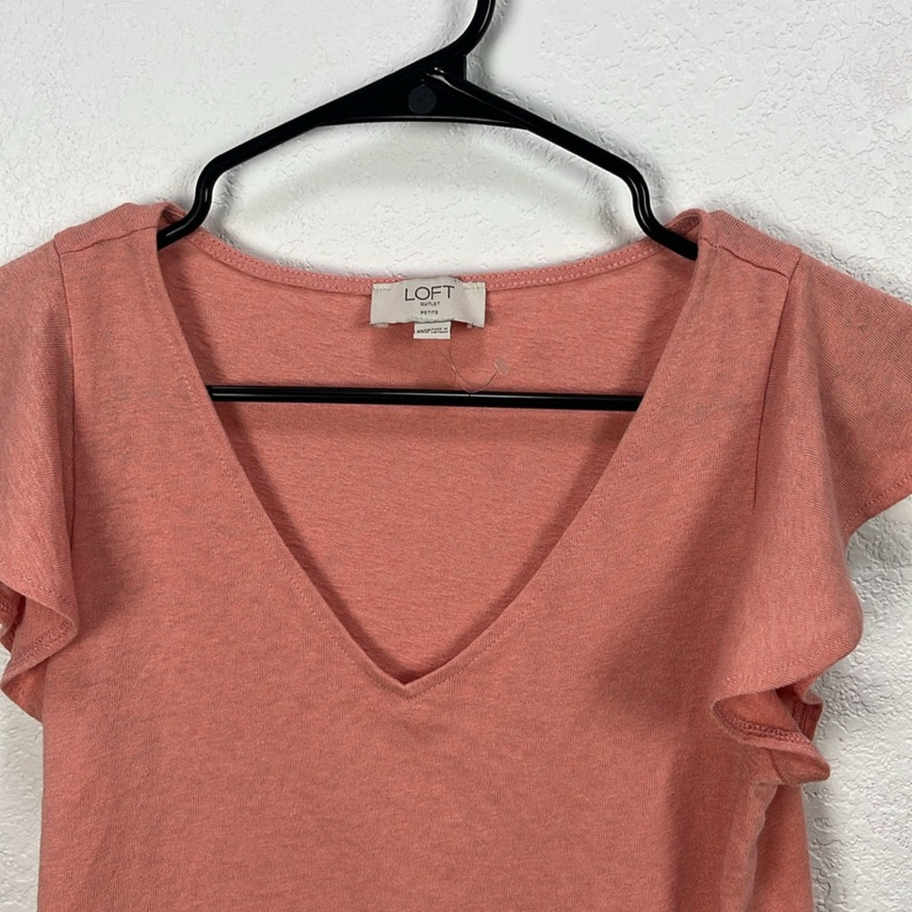 LOFT Women’s Pink Flutter Sleeve Peplum Blouse V Neck Flowy Vacay Wear Sz XXSP