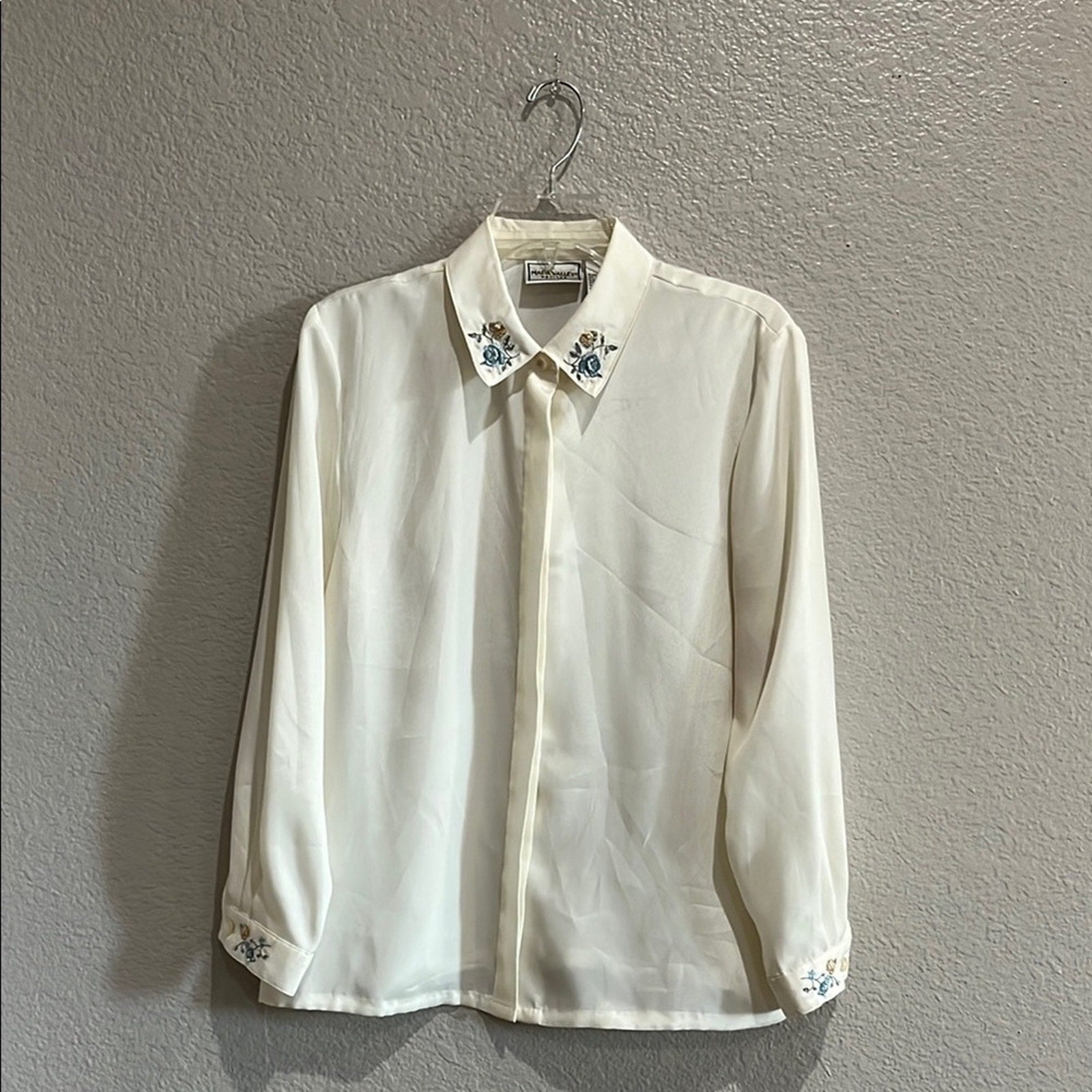 Napa Valley Petite Womens Chic Floral Embroidered Cream Shirt Sz 14P Vintage