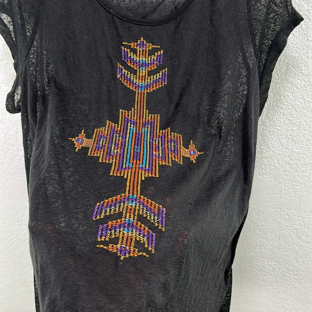 Umgee Women’s Black Embroidered Multi Color Detail  Art Cap Sleeve Tee Sheer 1XL