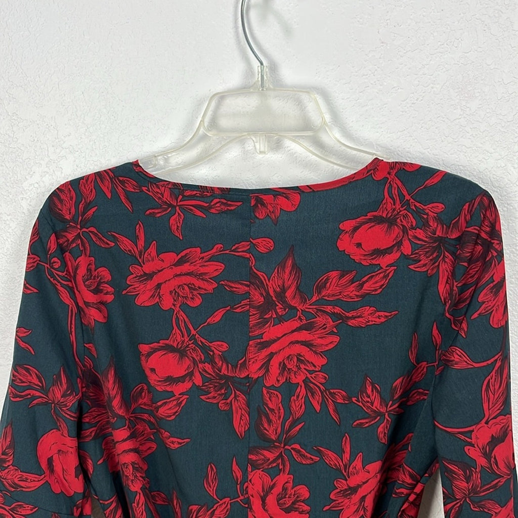 Women’s Black Red Floral  Mini Dress With Belt Long Sleeves Ruffled Sz L Witchy