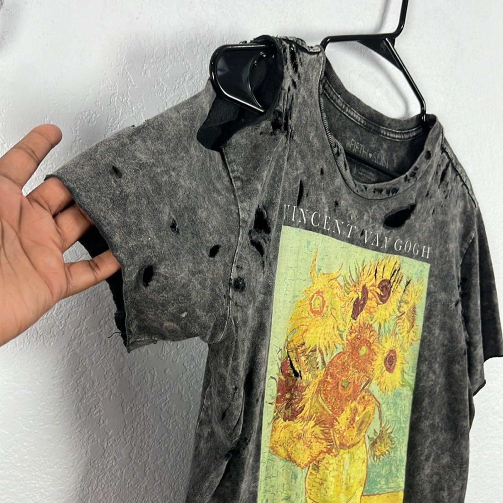 Fifth Sun Black Short Sleeve Distressed Tee with Artistic Print Whimsigoth Sz M