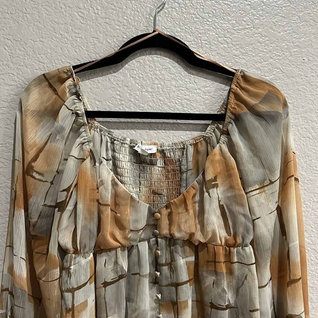 Blu Pepper Womens Cream  Tan Ruffled Long Sleeve Boho Peasant Blouse Size Small