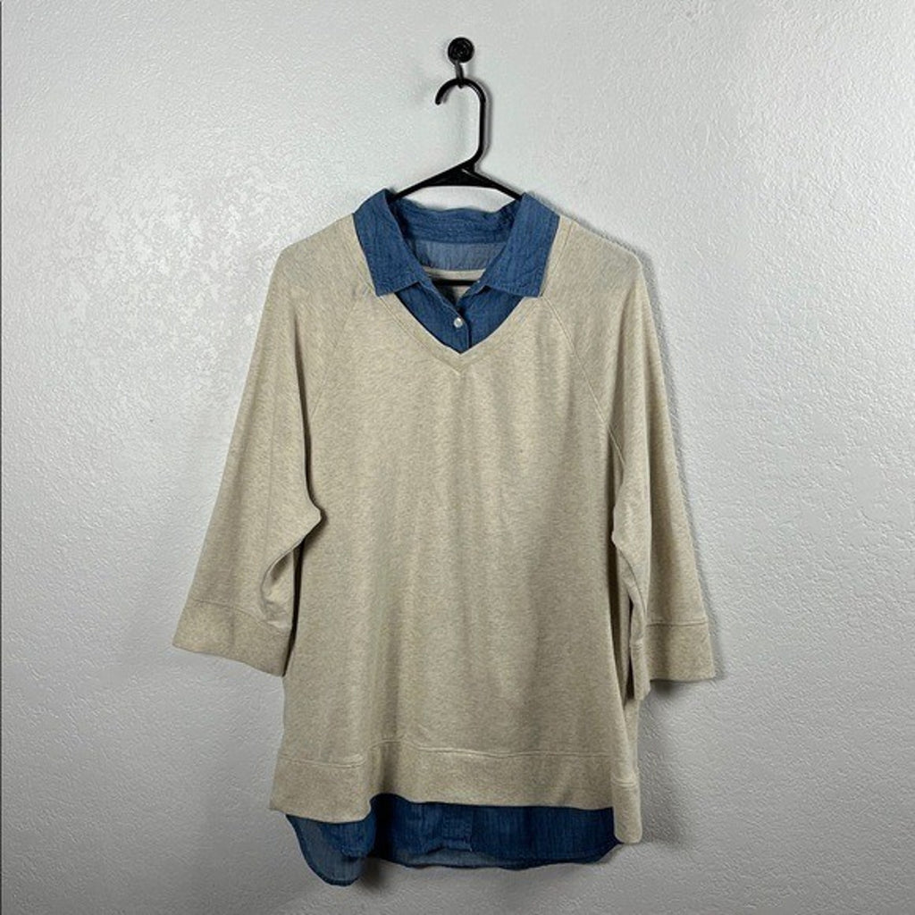 Sonoma Women's Cream Blue Layered V-Neck Top 3/4 Sleeves Sz 1X Business Casual