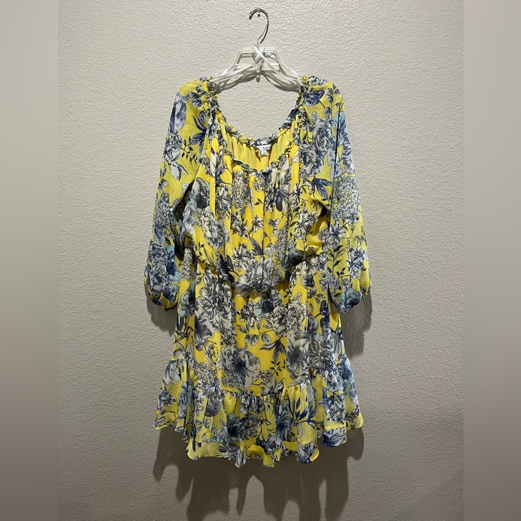 Tommy Hilfiger Size XL Dress Yellow Blue Floral Chiffon Off-the-Shoulder Vacay