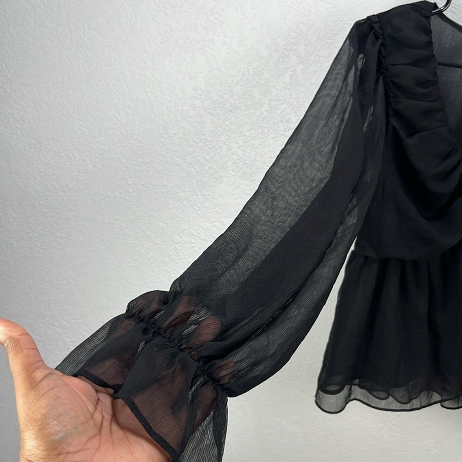 Blu Pepper Womens Black Ruched Ruffled Long Sleeve Blouse Sz L Whimsigoth Witchy