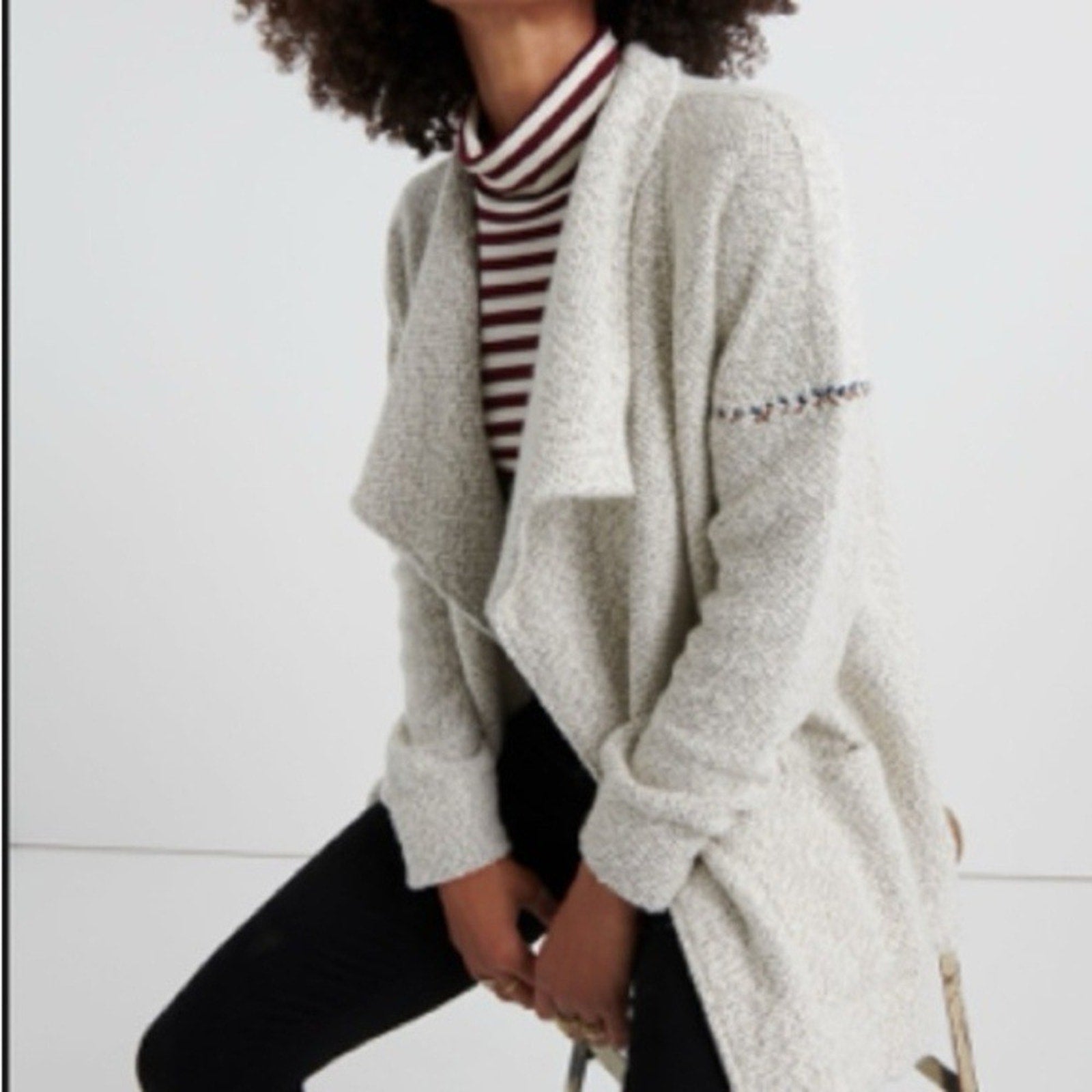 Lucky Brand Womens Blanket Stitch Cardigan Gray Sweater Sz XS Long Sleeve Cozy