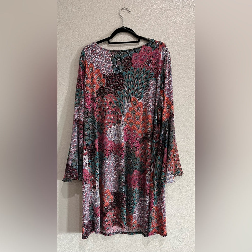 Ivy Lane Floral Paisley  Multi Color Bell Sleeve Dress Midi Boho Plus Size 2X