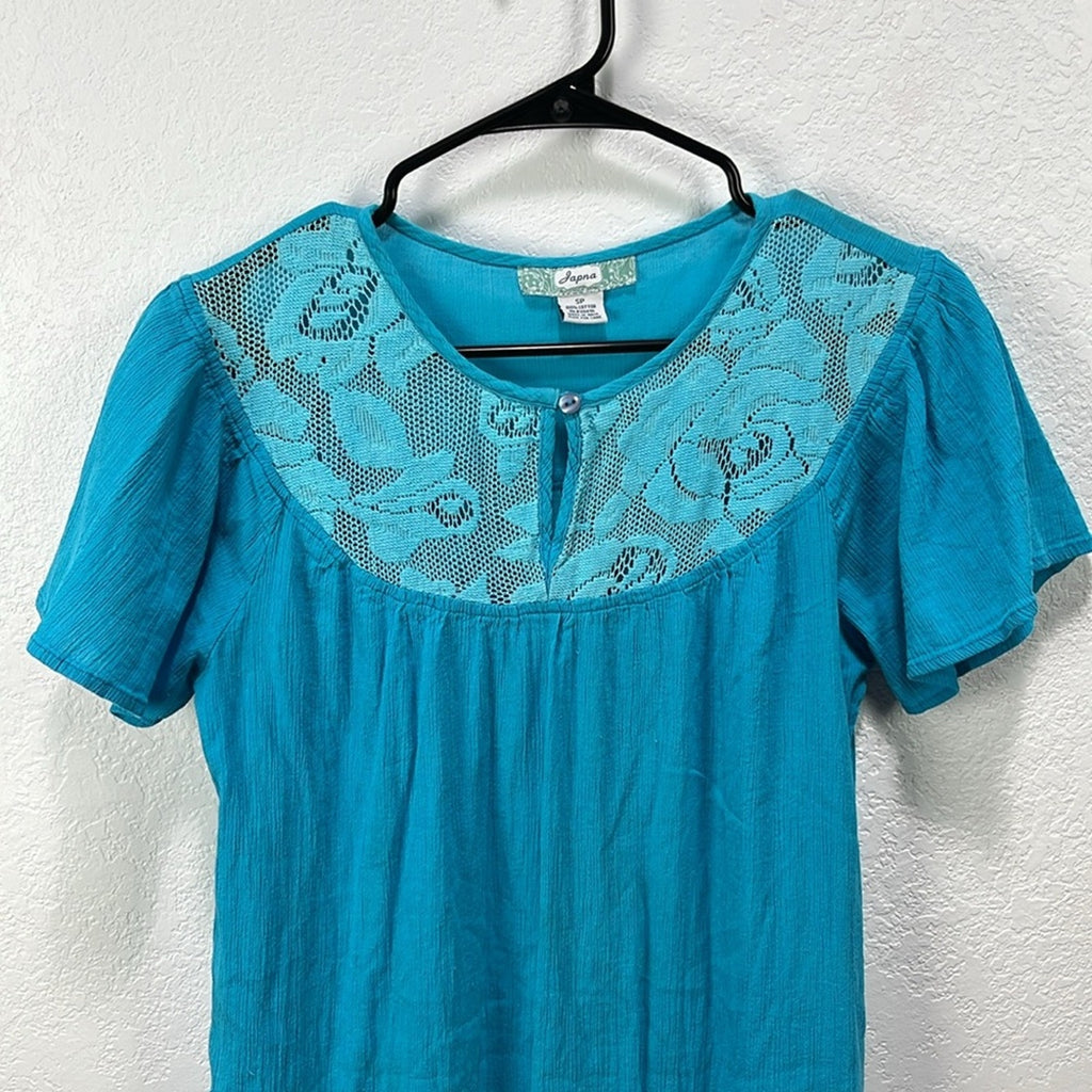 Japna Women’s Teal Dress Ruffle Short Sleeve Lace Cotton Effortless Midi Sz SP