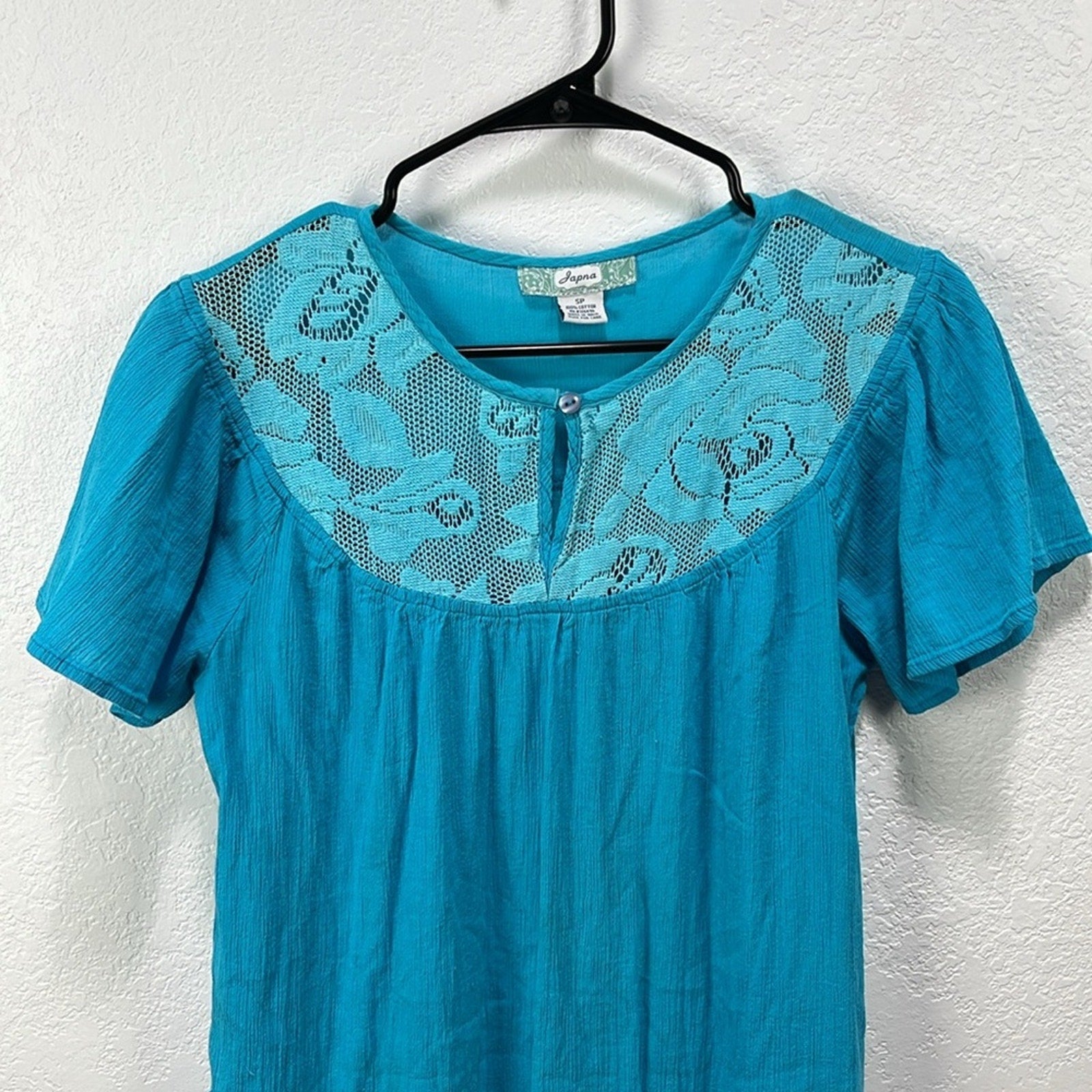 Japna Women’s Teal Dress Ruffle Short Sleeve Lace Cotton Effortless Midi Sz SP
