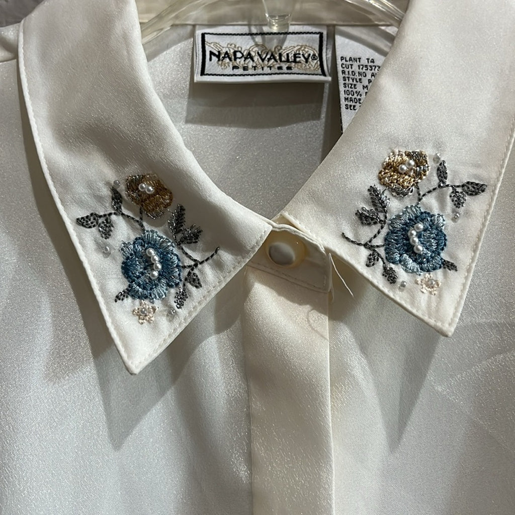 Napa Valley Petite Womens Chic Floral Embroidered Cream Shirt Sz 14P Vintage