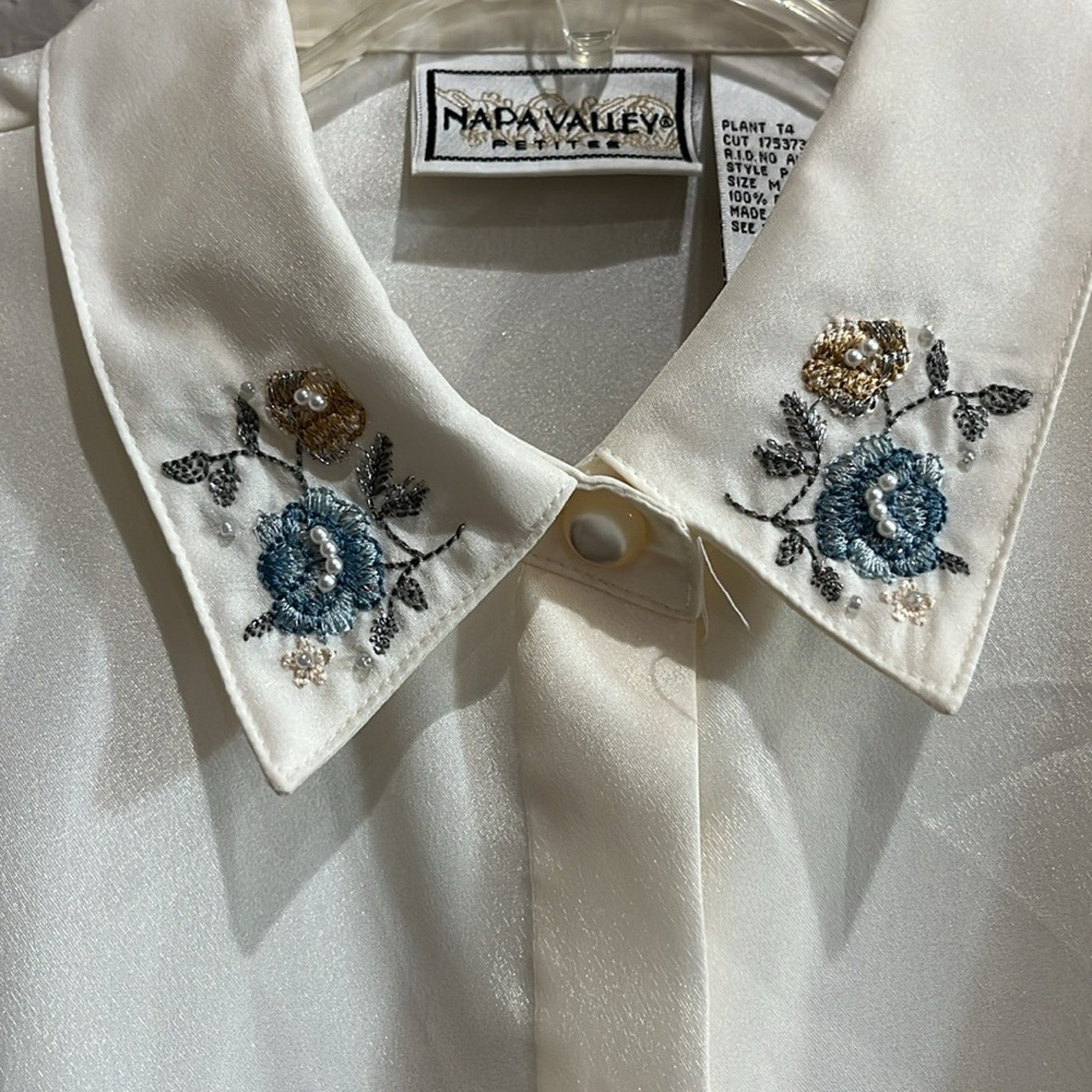 Napa Valley Petite Womens Chic Floral Embroidered Cream Shirt Sz 14P Vintage