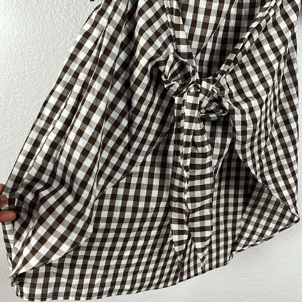 Women’s Checkered Brown Dress prairie core Front Tie Ranch Farm Girl Sz M Rural