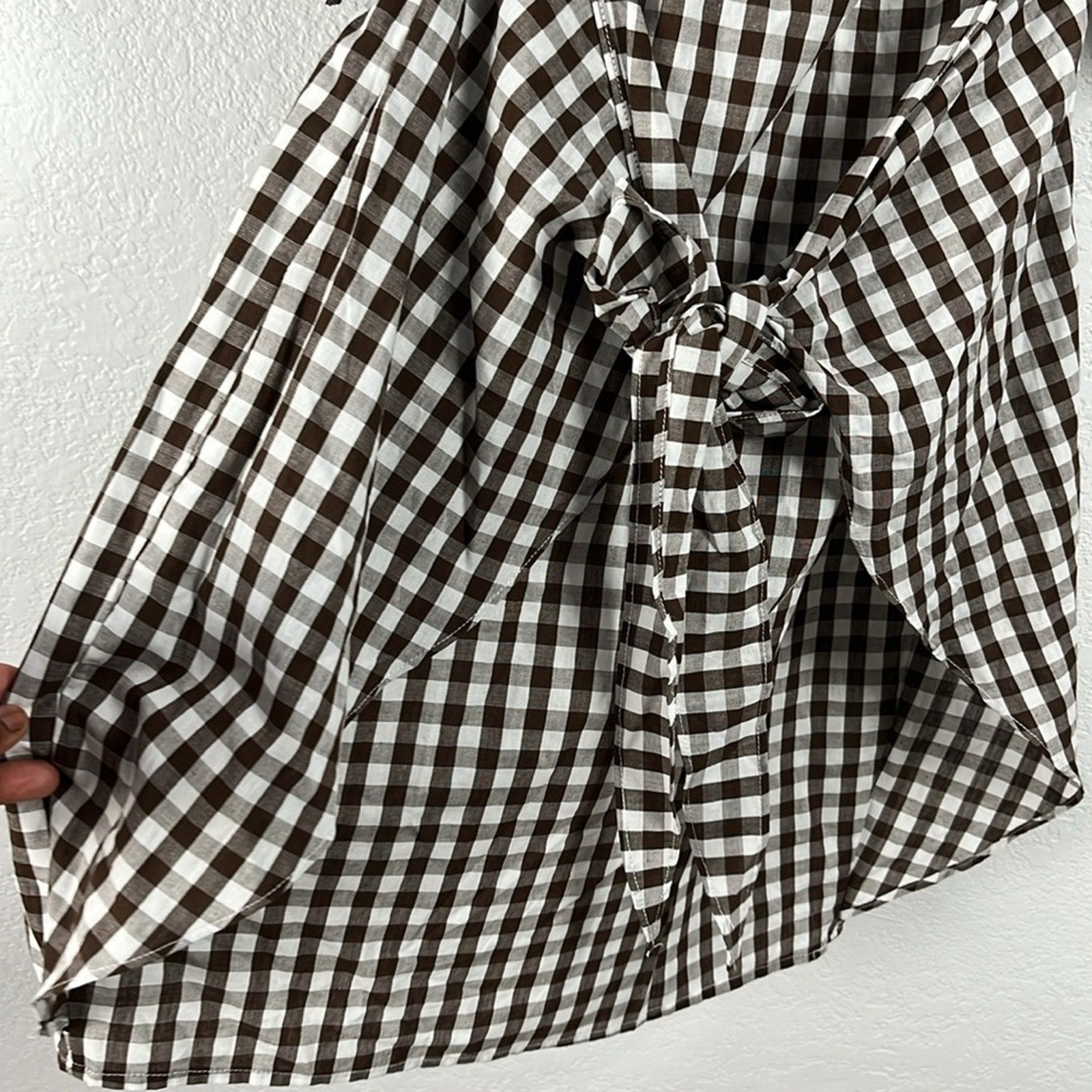 Women’s Checkered Brown Dress prairie core Front Tie Ranch Farm Girl Sz M Rural