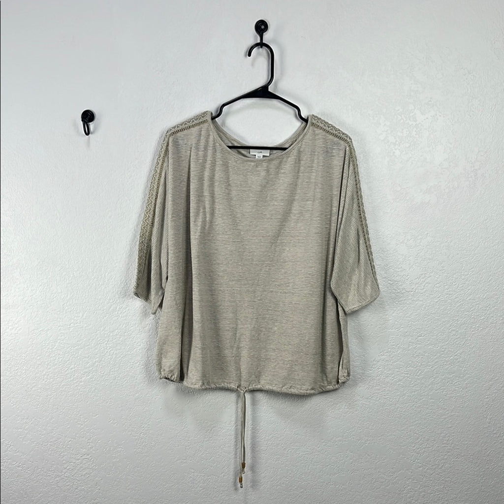 J Jill Linen Blend Top Beige Minimalist Crochet Sleeve Detail Boho Women’s Sz L