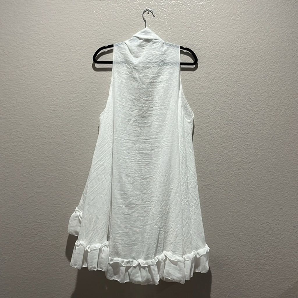 White Long Vest Layering Piece One Size Long Ruffle Hemline Sleeveless Coverup