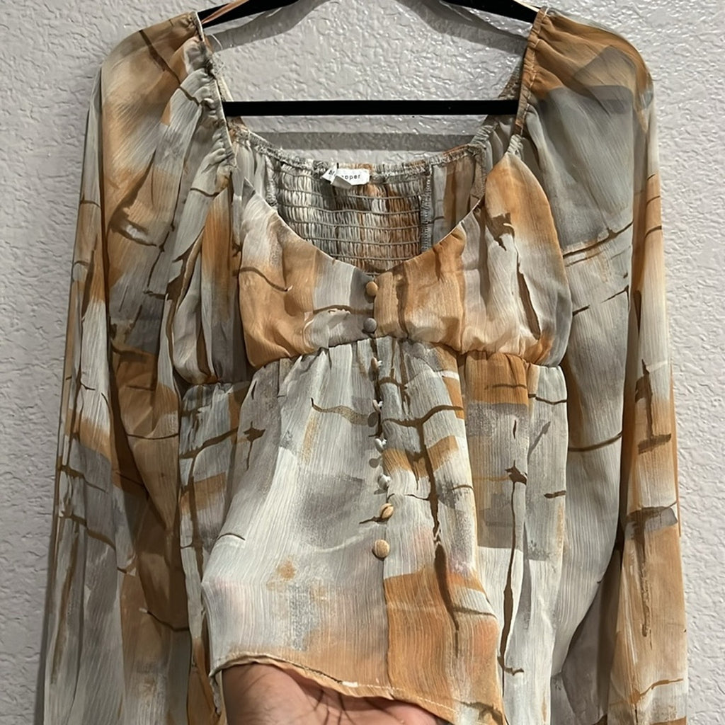 Blu Pepper Womens Cream  Tan Ruffled Long Sleeve Boho Peasant Blouse Size Small