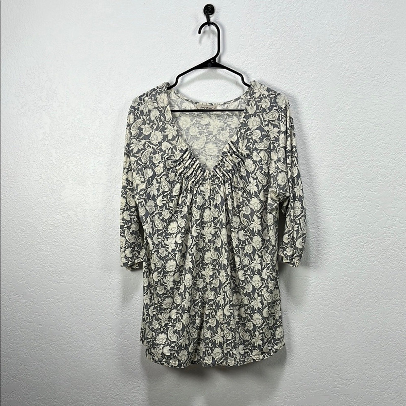 Lucky Brand Boho Grey Print Top Black Tan Split Neck 3/4 Sleeve Size 1X Boho